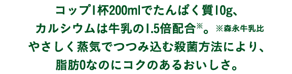 コップ1杯200mlでたんぱく質10g、カルシウムは牛乳の1.5倍配合※。※森永牛乳比やさしく蒸気でつつみ込む殺菌方法により、脂肪0なのにコクのあるおいしさ。